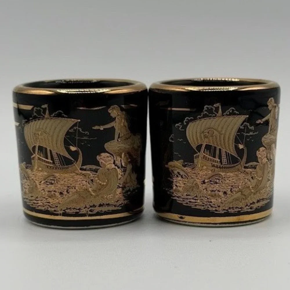 Vintage D. Strigos KE Greece 24K Gold Black Ceramic Shot Glass Set of 2